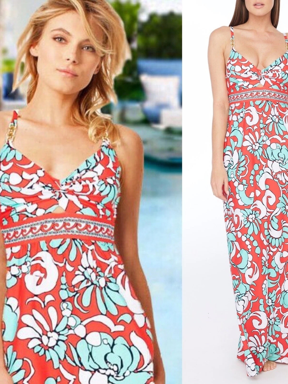 Coral Floral Maxi Dress with Aqua & White Print
